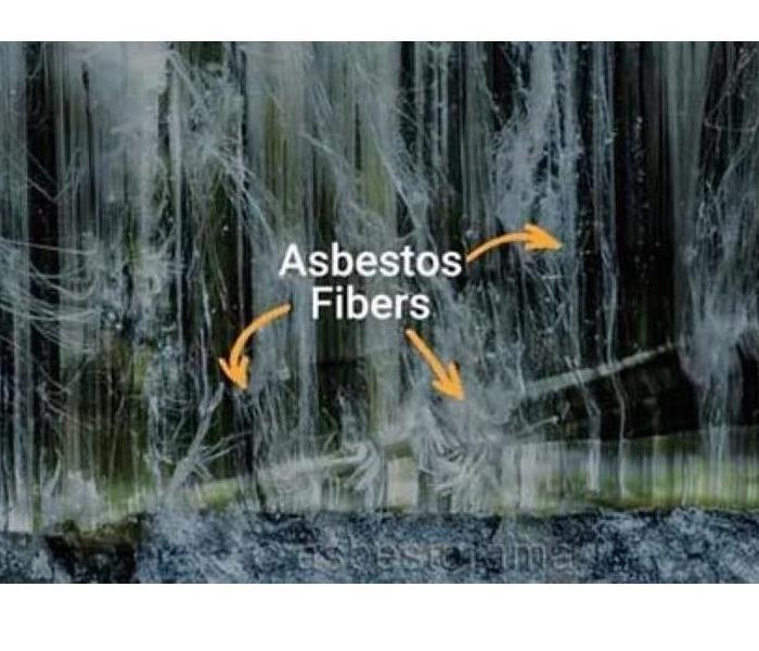 Microscope view of asbestos fibers in building materials that contain asbestos.